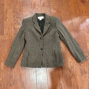 90s Vintage Rena Rowan Wool Blazer Brown Tan Houndstooth Academia Preppy